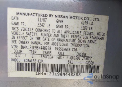 2008 Nissan Altima 2.5 S из США, поврежденный, VIN 1N4AL21E98N448288